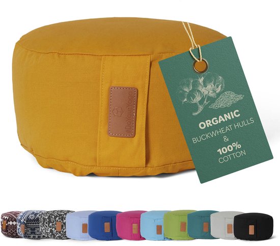#DoYourYoga - Yoga kussen - »Vishnu« - rond meditatiekussen met bio-organische boekweit schalen vulling - H:15cm, diam.30cm - curry geel van #DoYourYoga