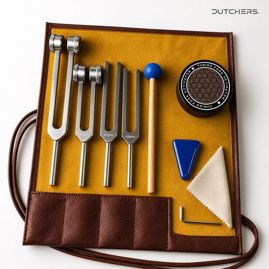 Dutchers® Stemvork Set 128Hz, 256Hz, 432Hz & 528Hz – Professionele Therapie Stemvorken – Gewogen Frequentievorken - Klankschaal – Voor Meditatie, Yoga, Chakra's Ontspanning & Klanktherapie – Inclusief Opbergtas - Etui