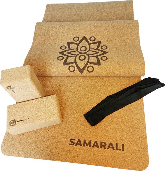 Duurzaam Yoga Starter Kit | Eco-Vriendelijke Yoga Set | Kurk Yogamat, Katoenen Draagriem, 2 Kurken Yoga Blokken van Merkloos