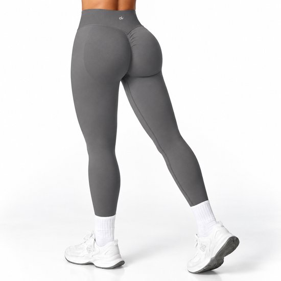 DV Sportlegging met Scrunch - Maat: XL - Kleur: Grijs / Donkergrijs - Hoge Taille - Butt Lift Effect - Seamless / Naadloos - Lange Legging / Sportkleding - Gym / Fitness / Yoga / Pilates / Krachttraining Outfit - Hoge Kwaliteit - Zachte Rekbare Stof