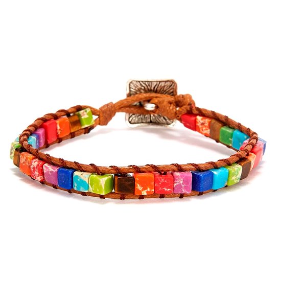 DW4Trading Chakra Armband 3 - Multicolor Natuursteen Regenboog - Imitatie Leer - Smal van DW