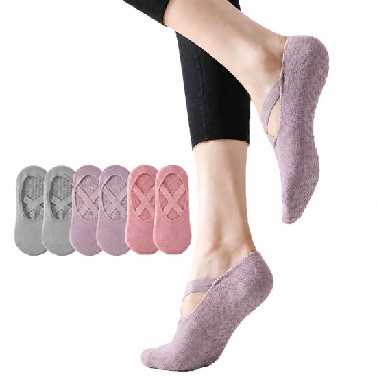 ECTEATOY® 3-Pack Pilates Sokken Antislip - Yogasokken Dames met Kruis Elastiek - voor Pilates, Barre & Balletsokken - Grijs, Paars&Roze