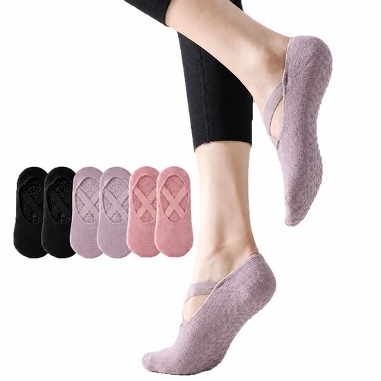 ECTEATOY® 3-Pack Pilates Sokken Antislip - Yogasokken Dames met Kruis Elastiek - voor Pilates, Barre & Balletsokken - Zwart, Paars & Roze van SNOCKS