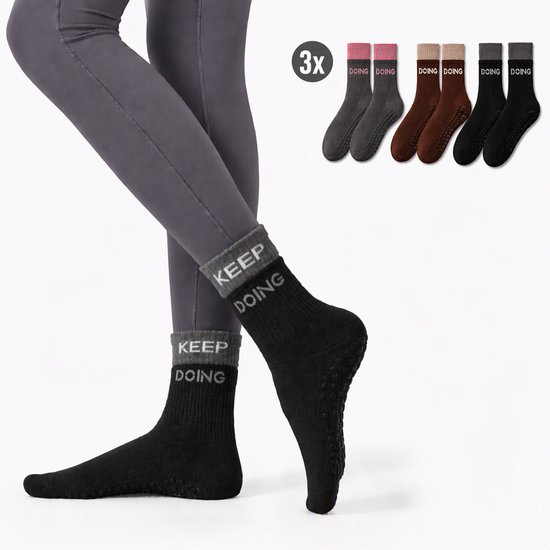 ECTEATOY® 3-Pack Pilates Sokken Antislip - Yogasokken met Siliconen Zool - voor Pilates, Barre & Balletsokken - Grijs, Zwart&Bruin