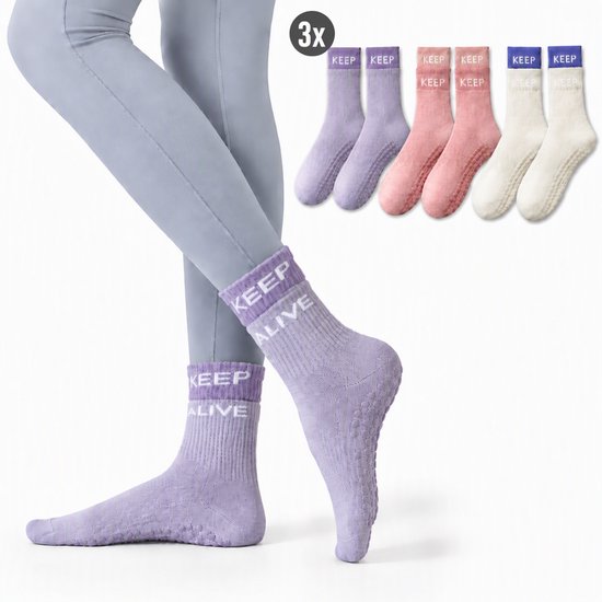 ECTEATOY® 3-Pack Pilates Sokken Antislip- Yogasokken met Siliconen Zool - voor Pilates, Barre & Balletsokken - Wit, Paars & Roze