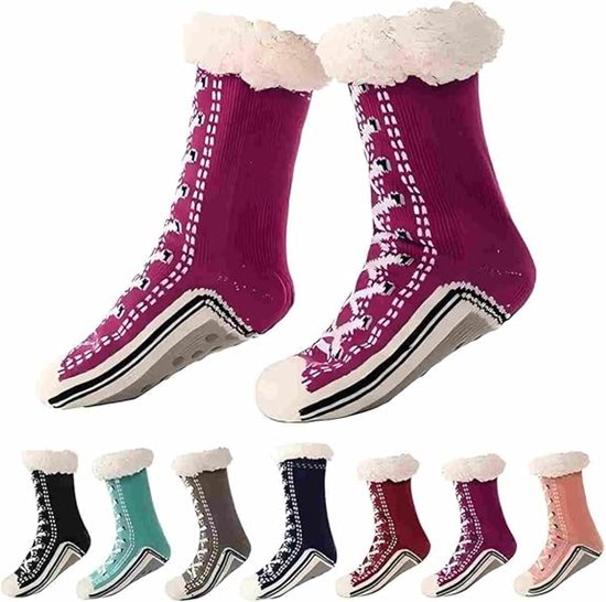 Een paar donkerpaarse, dikke, warme sokken - geschikt voor damesmaten 35-40 - antislip loungesokken - gemaakt van acryl - warm en comfortabel - geschikt voor dames