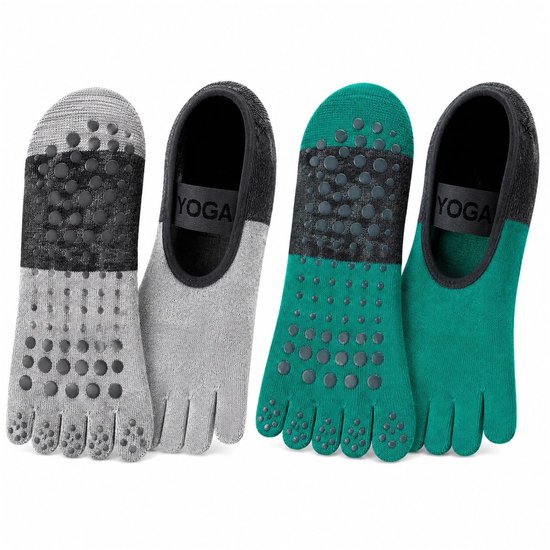 Elzusha - Yogasokken met Tenen - Antislip en Ademend - 2 Paar Groen + Grijs van Elzusha