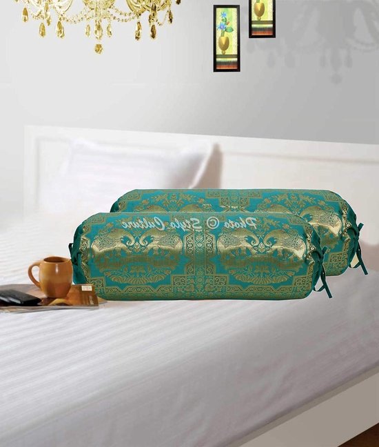 Ethnic Tubular Sofa Bolster Cushion Covers Emerald Green Gold Elephant Roll Cushion Silk Round Tube Cushion Flowers Decorative Brocade Cushion Covers - (76x38cm) - Set of 2