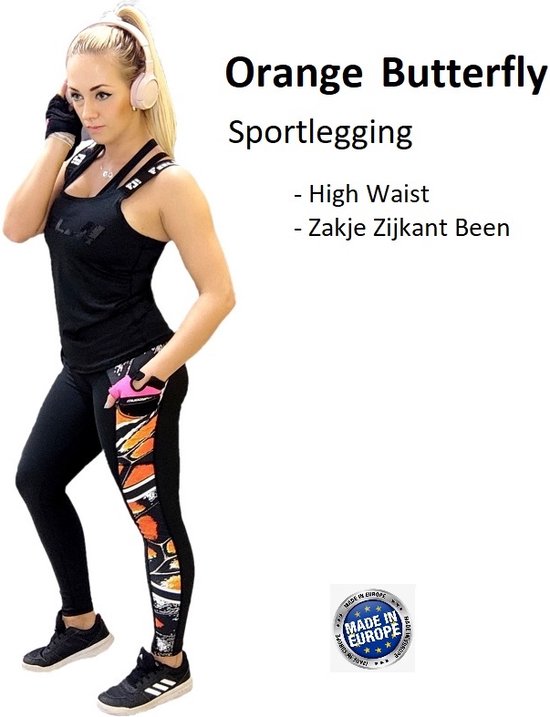 Feelj Sportlegging High Waist - Orange Butterfly - Zakje zijkant Been - M van Feelj