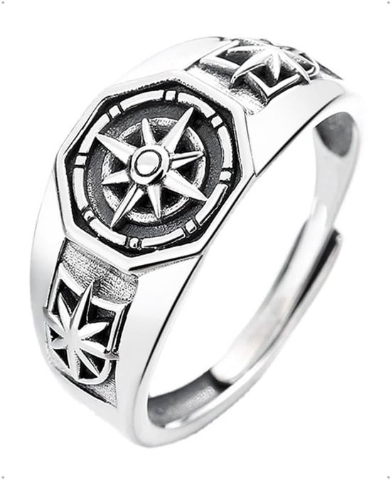 Fidgetring verstelbaar zilver - zwarte bergringen - vintage retro stijl - perfecte fidgetring voor mannen - SnelShoppen