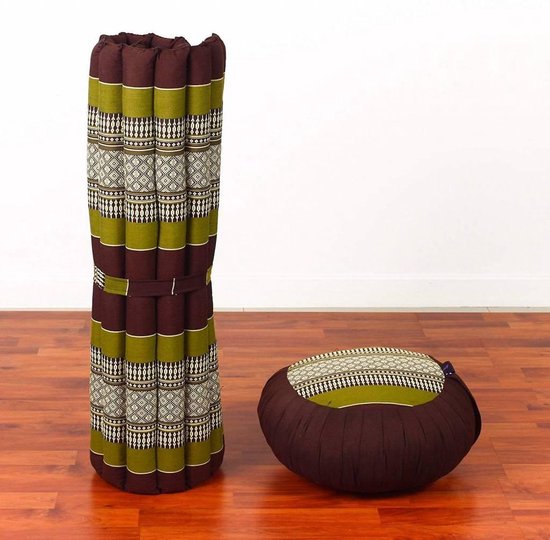 Fine Asianliving Thais Kussen Set: Ronde Meditatiekussen Zafu 40x20cm, Meditatie Mat Zabuton 76x72cm Yoga Kapok Groen Meditatie Mat Matras van Fine Asianliving