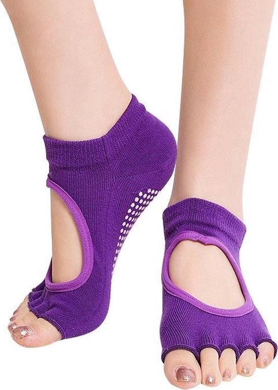 Finnacle - Anti-slip Yoga Sokken - Maat: 34 - 39 (EUR) - Open Teen en Instap - Geschikt voor Sport - 1 Paar - Donker Paars van Merkloos