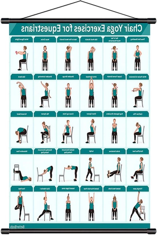 Fitness Poster - Oefenplan Muur - Stoel Yoga - Opvouwbaar Ontwerp - 40 x 60 cm - Blauw