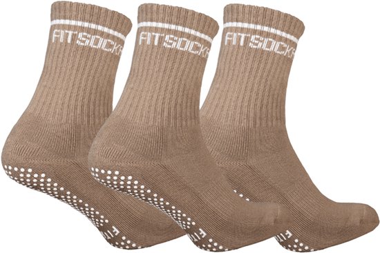 FitSockr Gripsokken Balance - Grip Sokken Pilates 3 Paar - Antislip Sokken Dames - Sportsokken met grip - Bruin- maat 32/36 van Merkloos