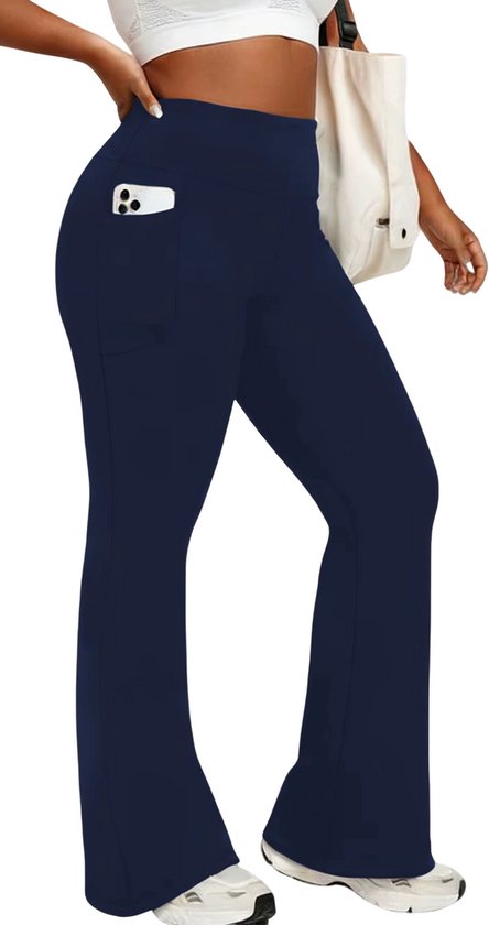 Flare Legging Dames Hoge Taille – Yoga Broek Dames Superzacht met Buikcontrole, Push-Up Effect en Zakken - Marineblauw - Maat M
