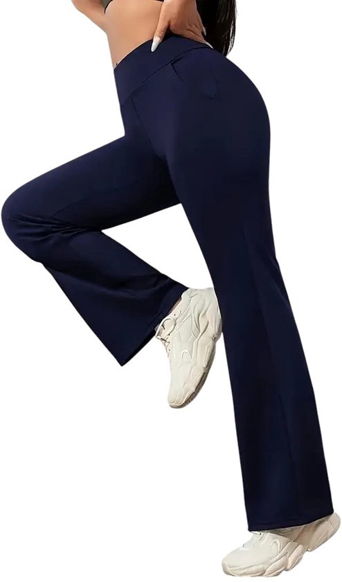 Flared Broek - Legging - Let op: Minder geschikt voor lange vrouwen - Yoga Broek - Casual - Met Zakken - Dames - Sportief - Stijlvol - Rekbaar - Hoge Taille - Sport - Fitness - PETIT - Donkerblauw - Blauw - Maat L van Merkloos