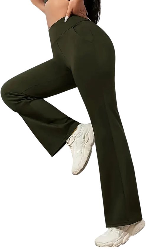 Flared Broek - Legging - Let op: Minder geschikt voor lange vrouwen - Yoga Broek - Casual - Met Zakken - Dames - Sportief - Stijlvol - Rekbaar - Hoge Taille - Sport - Fitness - PETIT - Donkergroen - Legergroen - Maat L van Merkloos