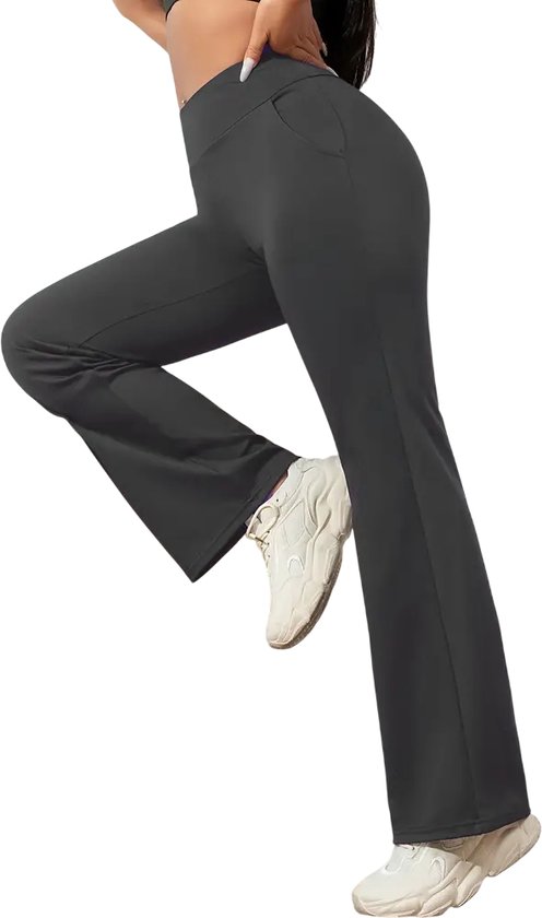 Flared Broek - Legging - Yoga Broek - Casual - Met Zakken - Dames - Sportief - Stijlvol - Rekbaar - Hoge Taille - Sport - Fitness - Flared Pocket Pants Wijd - Donkergrijs - Grijs - Maat M van Merkloos