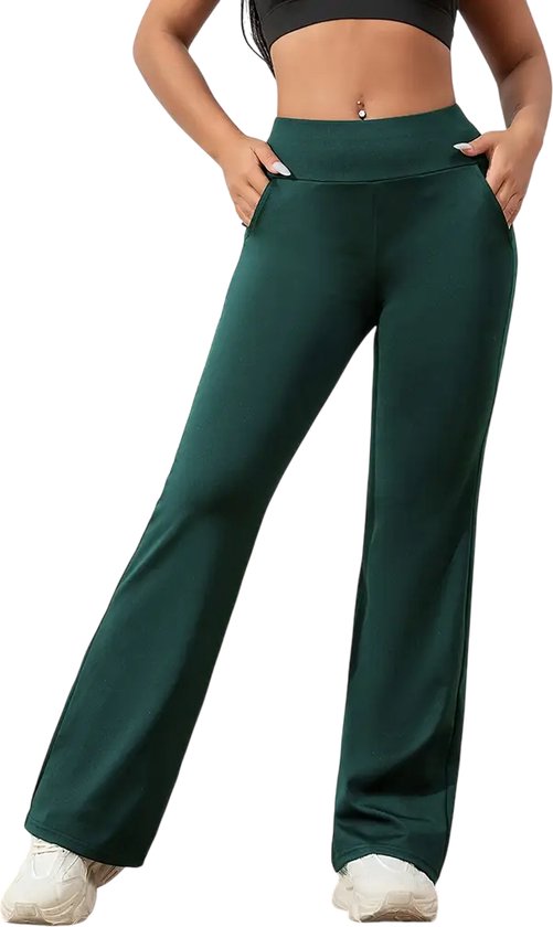 Flared Broek - Legging - Yoga Broek - Casual - Met Zakken - Dames - Sportief - Stijlvol - Rekbaar - Hoge Taille - Sport - Fitness - Flared Pocket Pants Wijd - Donkergroen - Maat L van Merkloos