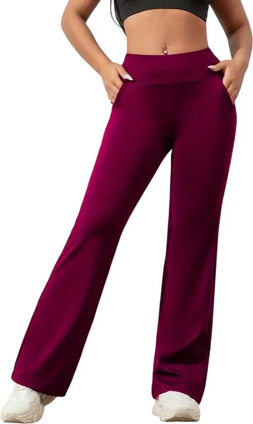 Flared Broek - Legging - Yoga Broek - Casual - Met Zakken - Dames - Sportief - Stijlvol - Rekbaar - Hoge Taille - Sport - Fitness - Flared Pocket Pants Wijd - PETIT - Donkerrood - Maat L van PETIT