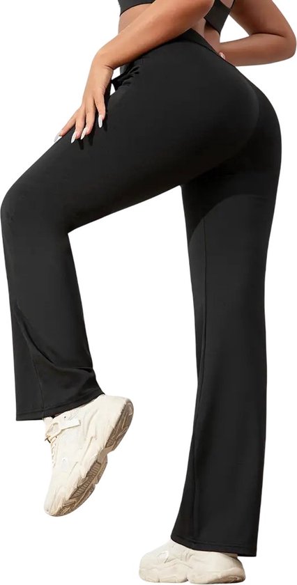 Flared Broek - Legging - Yoga Broek - Casual - Met Zakken - Dames - Sportief - Stijlvol - Rekbaar - Hoge Taille - Sport - Fitness - Flared Pocket Pants Wijd - PETIT - Zwart - Maat L van PETIT