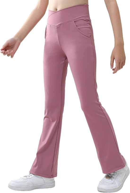 Flared Joggingbroeken voor Meisjes, Bootcut Sportbroeken met V-Lijn Taille en 2 Zakken, Lange Yoga Trousers EU 116-158
