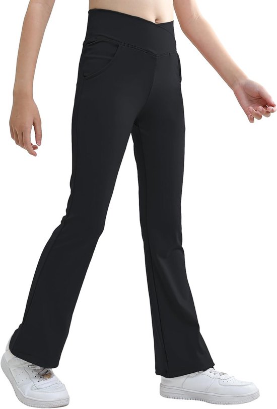 Flared Sportbroeken voor Meisjes, Bootcut Joggingbroeken met V-Lijn Taille, Lange Yoga Broeken met 2 Zakjes, EU 116-158 van Merkloos