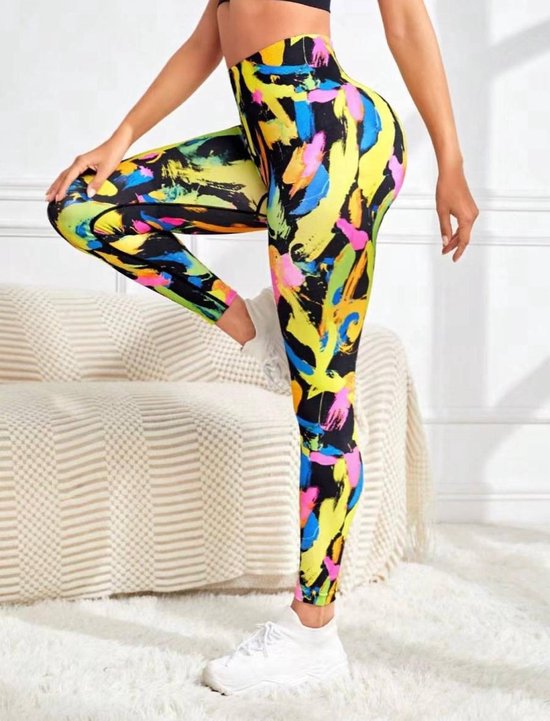 FLASHY GYM LEGGING - Maat S - Multicolour Zwart - Felgekleurd - Fitness legging - Sportlegging - Yogalegging - Hardlooplegging van Merkloos