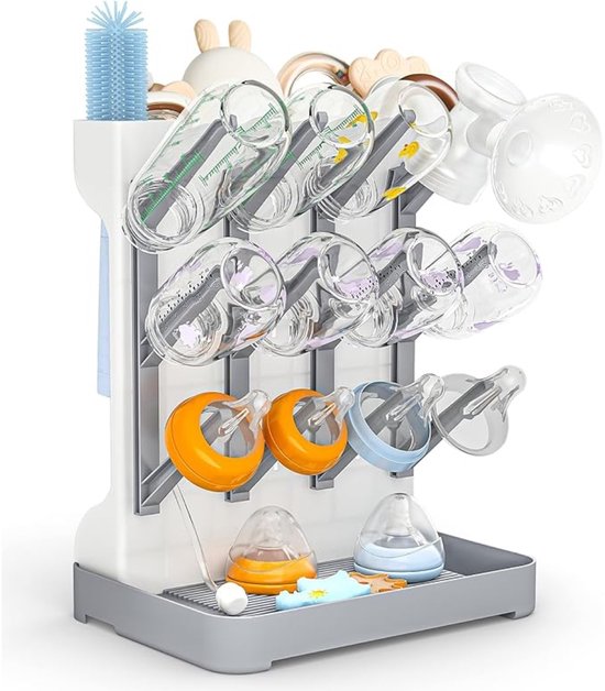 Flesdroger - Flesdroogrek - Flessen Droogrek - Flessenrek Baby - Flessendroogrek - flessen sterilisator - Staande flesdroogrek - Grijze flesaccessoirehouder - Flesborstel en speenopbergrek van SimplyGood.