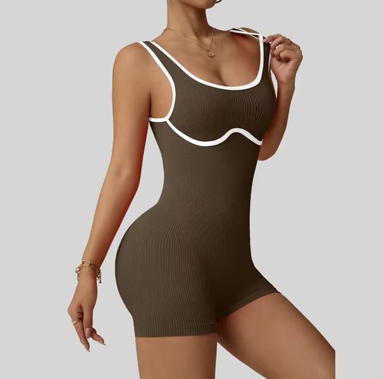 Frame Rib Gym Jumpsuit - Maat L - Bruin & Wit - Seamless Sportsuit - Sportkleding - Gymkleding - Brown & White