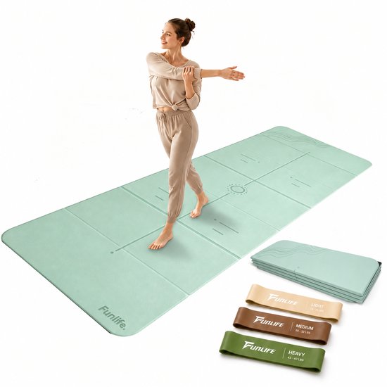 FunLife 7-delige Opvouwbare Yogamat 190 x 66 cm - 10 mm Dik - Fitnessmat met 3 Weerstandsbanden - Antislip Gymnastiekmat voor Yoga, Pilates, Stretching, Fitness en Home Workout - Lattebeige