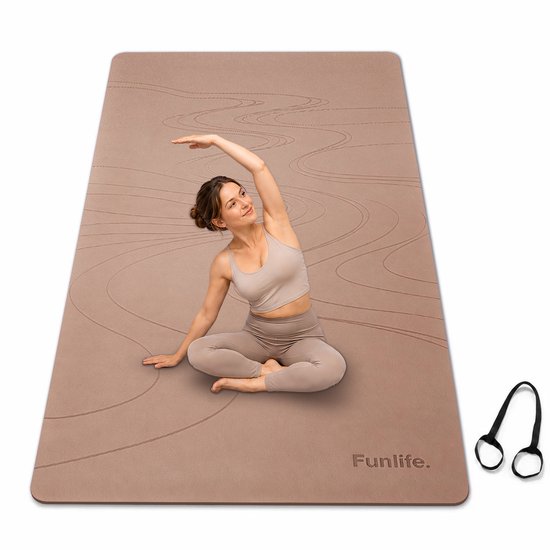 FunLife Extra Brede Yogamat 183 x 80 cm - 8 mm TPE Fitnessmat Antislip - Sportmat voor Yoga, Pilates en Thuisfitness - Met Draagriem - Karamelbruin