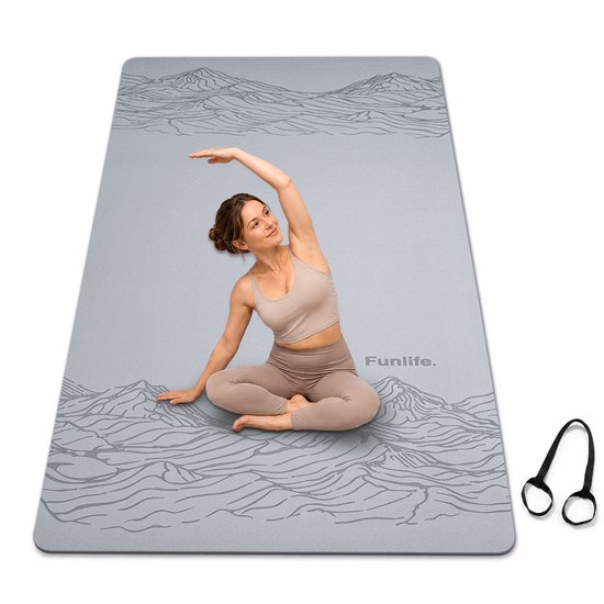 FunLife Extra Brede Yogamat 183 x 80 cm - 8 mm TPE Fitnessmat Antislip - Sportmat voor Yoga, Pilates en Thuisfitness - Met Draagriem - Lichtgrijs