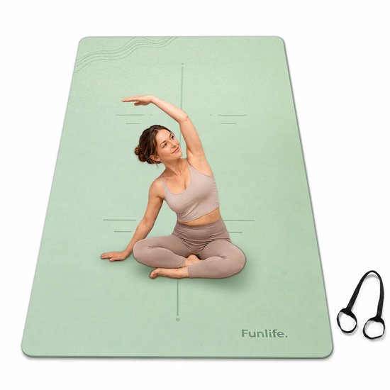 FunLife Extra Brede Yogamat 183 x 80 cm - 8 mm TPE Fitnessmat Antislip - Sportmat voor Yoga, Pilates en Thuisfitness - Met Draagriem - Matchagroen