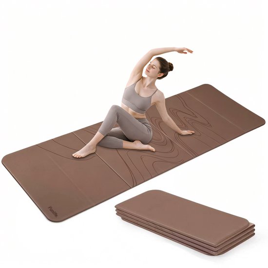 Funlife Opvouwbare Yogamat 190x66 cm – 10 mm Extra Dik – Antislip Fitnessmat voor Yoga, Pilates & Thuis Workout – Compact & Ruimtebesparend – Binnen & Buiten – Bruin Flow Design van Merkloos