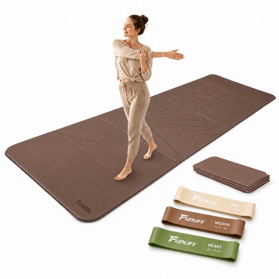 FunLife Opvouwbare Yogamat Set – Fitnessmat 190 x 66 x 1 cm met 3 Weerstandsbanden – Dikke Sportmat voor Yoga en Pilates – Bruin Flow