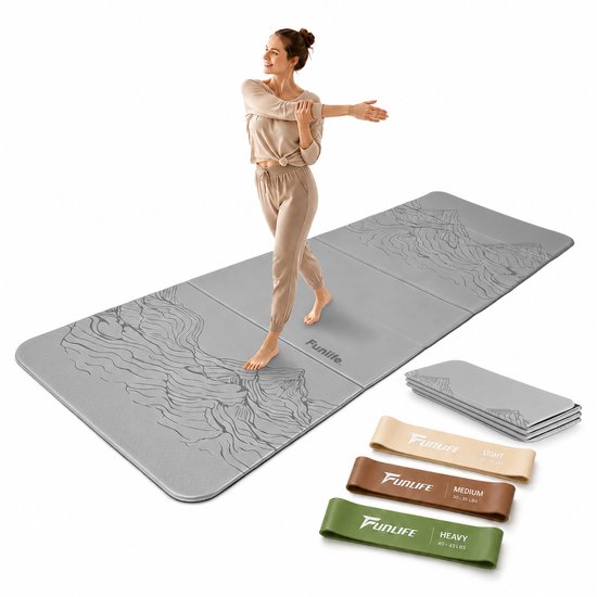 Funlife Opvouwbare Yogamat Set met 3 Weerstandsbanden - 190 x 66 cm - 10 mm Dik - Antislip Fitnessmat voor Yoga, Pilates en Thuis Workout - Grijs