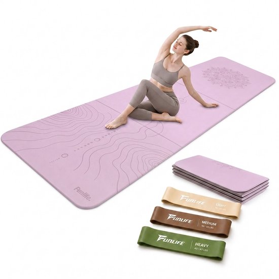 FunLife Opvouwbare Yogamat Set met 3 Weerstandsbanden - Fitnessmat 190 x 66 x 1 cm - Dikke Sportmat voor Yoga en Pilates - Paars Mandala