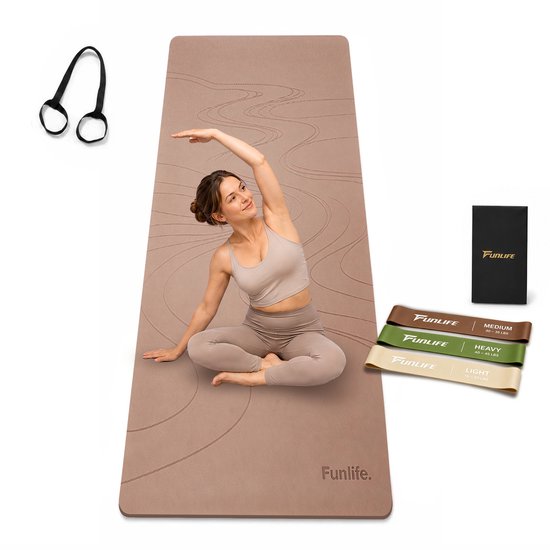FunLife Yogamat 183 × 61 cm met 3 Weerstandsbanden – 8 mm TPE Fitnessmat Sportmat Antislip met Draagriem voor Yoga en Pilates