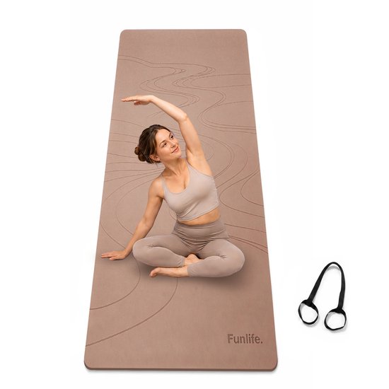 FunLife Yogamat 183 x 61 cm - 8 mm TPE Fitnessmat Antislip met Draagriem - voor Yoga, Pilates en Home Workout - Bruin