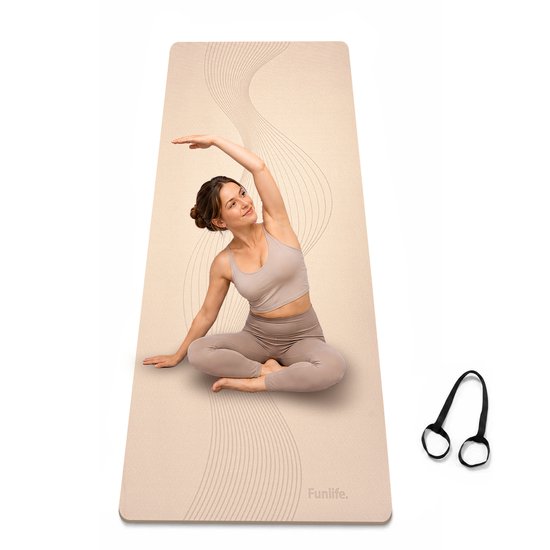 FunLife Yogamat 183 x 61 cm - 8 mm TPE Fitnessmat Antislip met Draagriem - voor Yoga, Pilates en Home Workout -Latte beige