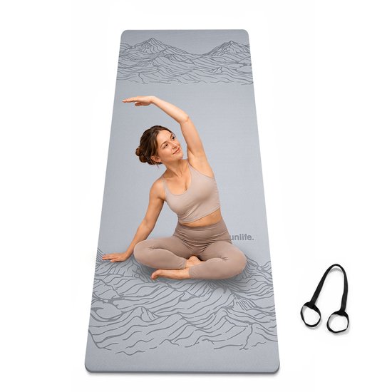 FunLife Yogamat 183 x 61 cm - 8 mm TPE Fitnessmat Antislip met Draagriem - voor Yoga, Pilates en Home Workout -Lichtgrijs