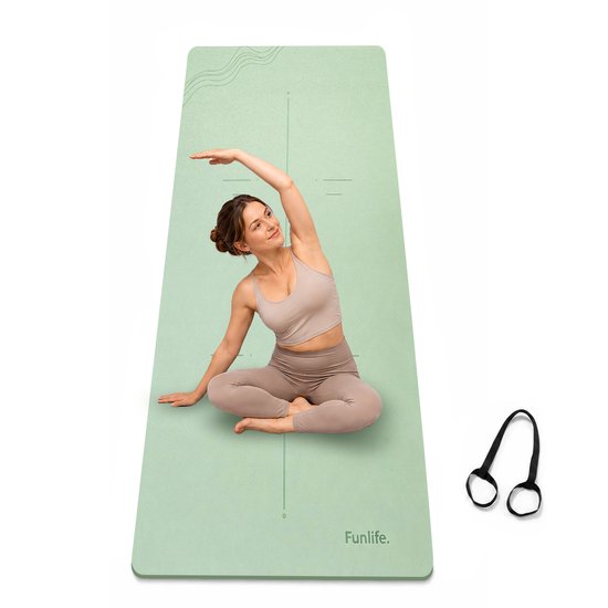 FunLife Yogamat 183 x 61 cm - 8 mm TPE Fitnessmat Antislip met Draagriem - voor Yoga, Pilates en Home Workout - Matchagroen