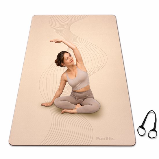 FunLife Yogamat Extra Breed 183 x 80 cm - 8 mm TPE Fitnessmat Antislip met Draagriem - Pilates en Trainingsmat - Beige Lijndesign