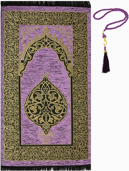 Gebedstapijt Set - Gebedsmat Islamitisch - Religieuze Beoefening - Inclusief Gebedsketting - 120 x 68 cm - Paars