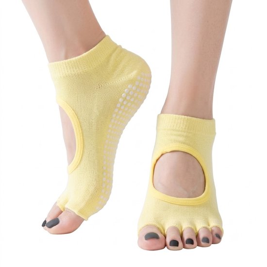 Geel antislip pilates sokken dames ademende yoga sokken met open wreef en split teen siliconen antislip zool sport sokken voor pilates yoga barre dans fitness en vloeroefeningen maat 36-40