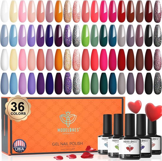 Gellak Set met 36 Kleuren voor Nail Art en Manicure - Rood, Glitter, Roze en Wit Nagellak
