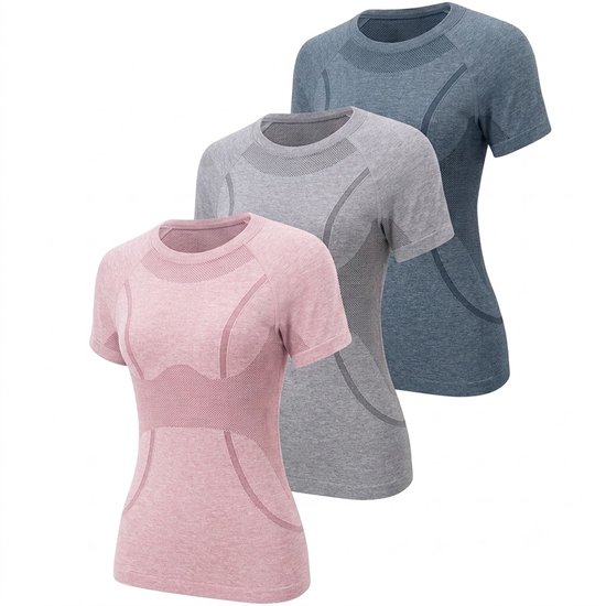 Gemengde kleur dames sportshirt set 3 stuks M Pilates T Shirt fitness shirt yoga shirt hardloop shirt korte mouwen ademend snel drogend naadloos trainings shirt