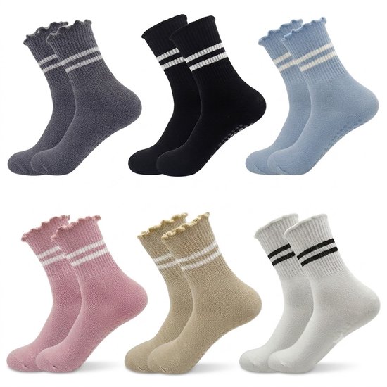Gemengde kleuren antislip pilates sokken dames 6 paar zachte badstof sokken met geribde boord antislip zool sport sokken voor yoga pilates barre fitness en dagelijks gebruik maat 36-40