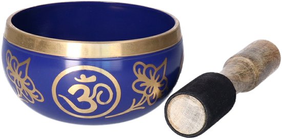 Gerimport Tibetaanse klankschaal met oosterse print - blauw - met aanstrijkhout - messing - D12 x H7 cm - yoga/meditatie van Gerimport